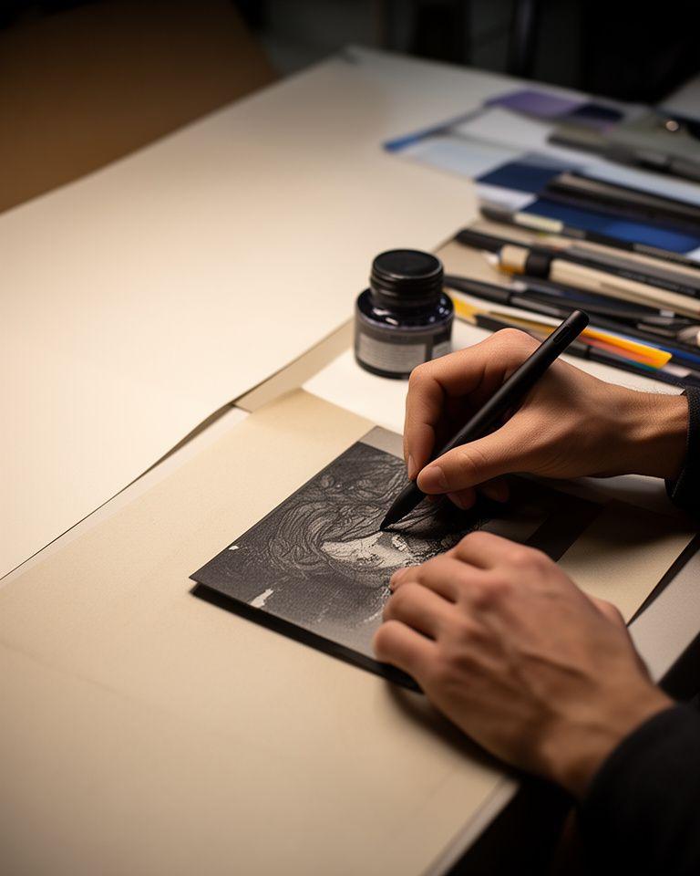 Manos trabajando con tinta, tableta y papel texturizado en una mesa de producción creativa